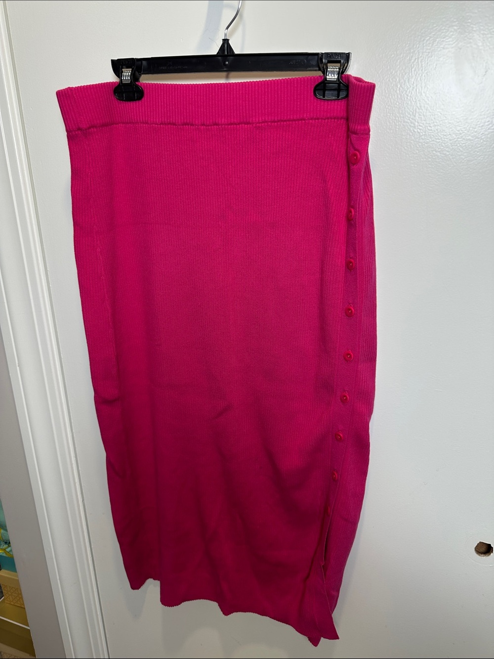 Knit Midi Skirt with Side Button Trim in Bright Fuchsia (08)